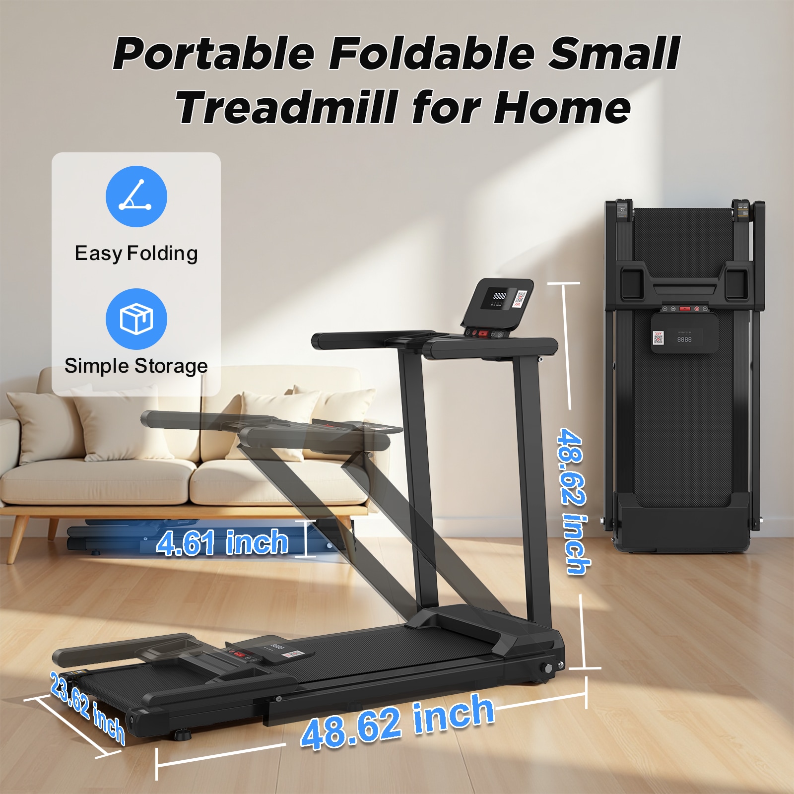 Folding Treadmill With Handles (Small Home Model) - 300lb Weight Capacity & 2.5HP Quiet Motor_voghion.com